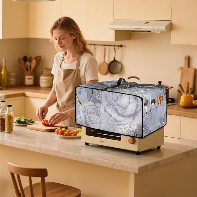 Marble Rose Flower Print Toaster Oven Cover, Stain-Resistant Air Fryer Cover with Storage Pocket, Kitchen Decorative Oven Protector, Black Grey Gold, (Medium-16.1*19.71*10 inches)