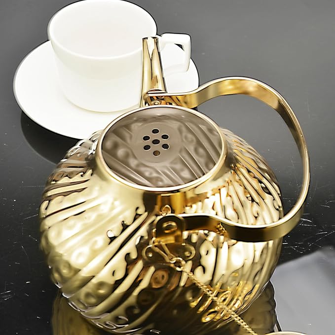 SANQIAHOME 2000ml stainless steel antique style teapot,with Infuser, thickened boiling kettle, lifting handle,Gold