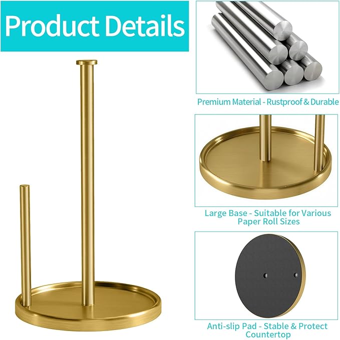 Paper Towel Holder Countertop, Standing Paper Roll Holder with Anti Slip Weighted Base, Stainless Steel Freestanding Paper Towel Holder for Kitchen, Gold
