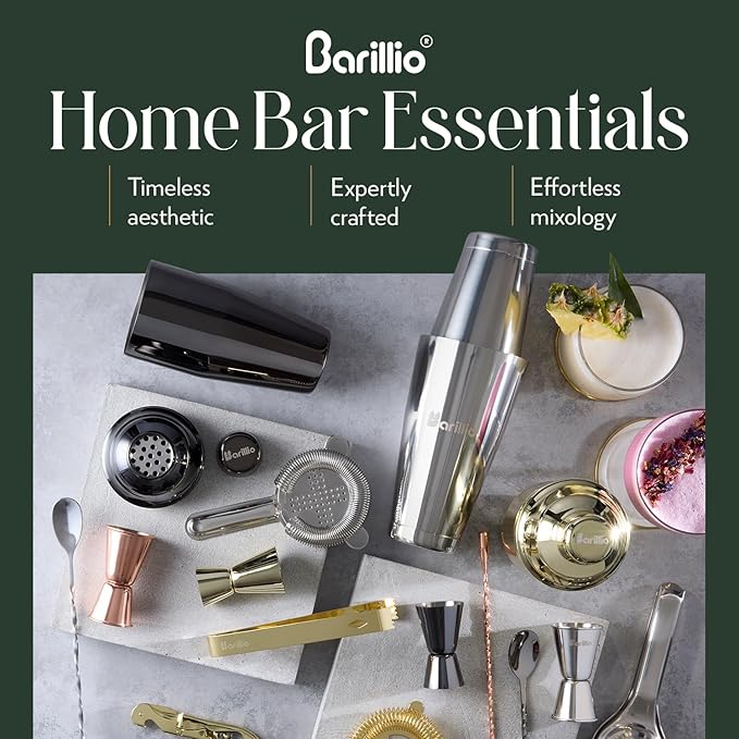 Barillio Bartender Kit - Stainless-Steel Cocktail Shaker Set w/Bamboo Stand - Mixology Bar Tools w/Drink Shaker, Mixer Spoon & Muddler for Cocktails - Home Bar Accessories - 23-Pc Bar Set - Silver