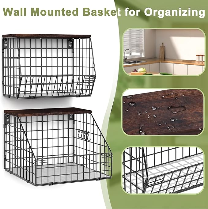 Fruit and Vegetable storage, 2 Set Wall Mounted Wire Baskets, Fruit Basket for Kitchen Counter, Hanging Fruit Basket, Potato Onion Basket, Wire Basket for Organizing, Countertop Organization Pantry