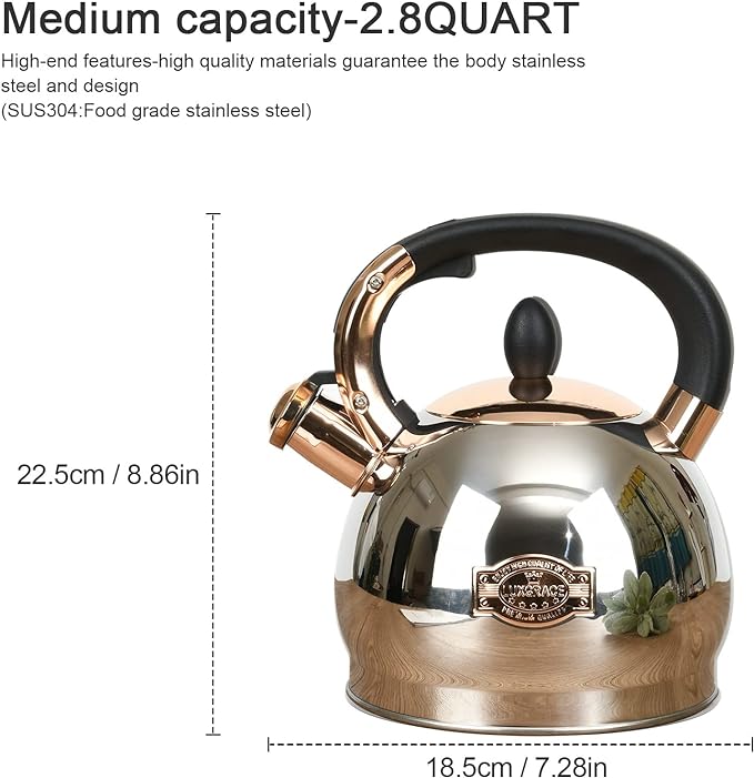 Stainless Steel Whistling Tea Kettle with Metal Capsulated Bottom for Quick Heat Distribution 2.8 Quart