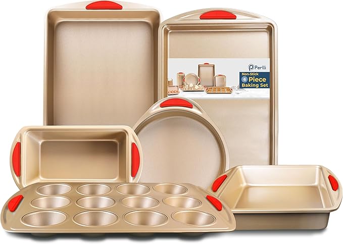Perlli Baking Kit: Nonstick Gold Steel Oven Set - 6 Pieces, Round Cake Pan, Loaf Pan, Square Pan, Muffin Pan, Cookie Sheet, Roaster - Silicone Handles