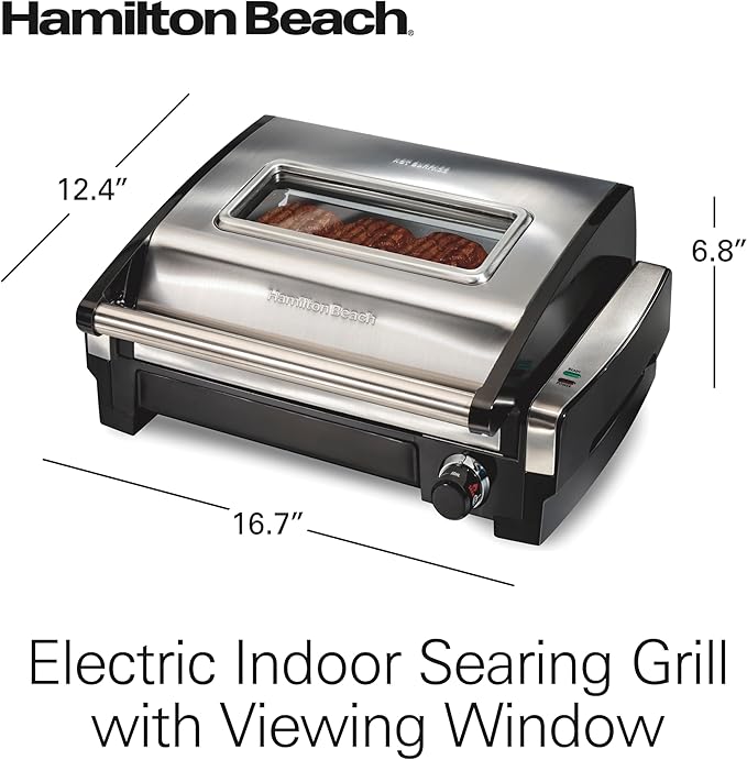Hamilton Beach Electric Indoor Searing Grill with Viewing Window & Adjustable Temperature Control to 450F, 118 sq. in. Surface Serves 6, PFAS-Free Removable Nonstick Grate, Stainless Steel