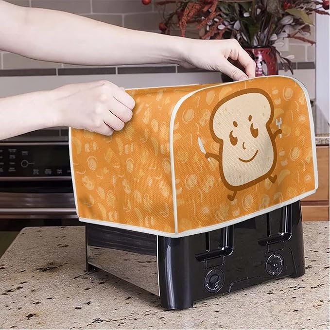 JEOCODY 4 Slice Toaster Cover With Cute Butter Bread Print - Quilted Fabric Dust-Proof and Fingerprint Protection for Kitchen Small Appliance