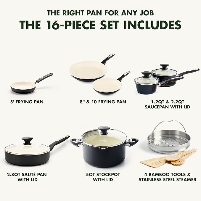 GreenPan Rio 16 Piece Cookware Pots and Pans Set, Hard Anodized Healthy Ceramic Nonstick PFAS-Free, Bakelite Handles, Frypans, Saucepan, Saute Pan, Stock Pot, Kitchen Tools, Dishwasher Safe, Black
