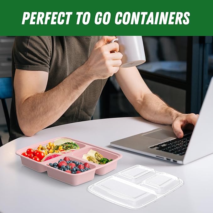 50 Pack (100-Piece) 32 oz Meal Prep Containers Reusable with Lids 3-Compartment, To Go Take Out Plastic Food Storage Containers, Sturdy Leakproof Food Safe, Microwave Freezer Dishwasher Safe, Pink