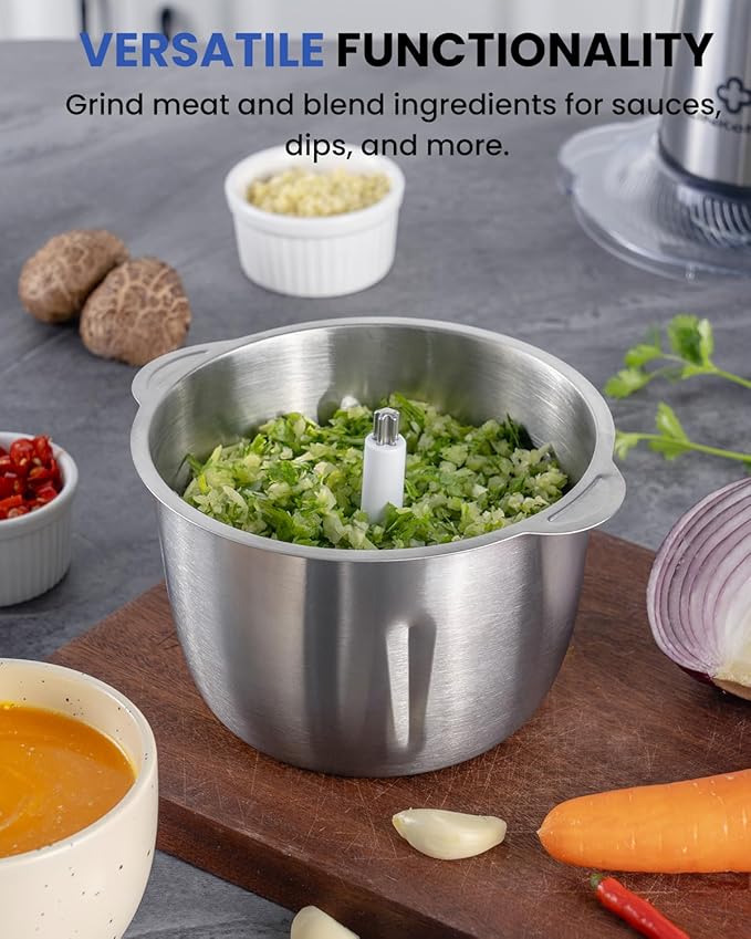 LINKChef Food Processor Small, 6 Cup Food Chopper with Container, 1.5L 250W Electric Meat Grinder for Home Use, Stainless Steel Mini Food Processor for Kitchen, Vegetable, Onion, Garlic, Salad