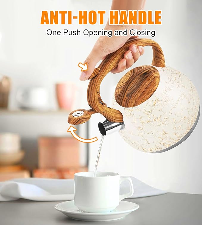 3.2 Quart Whistling Tea Kettle Stovetop, Stainless Steel Tea pot with Wood Grain Handle, Loud Whistle Kettle for Boiling Water, Coffee & Milk, Easy-Pour Spout Classic Design (Off-white)