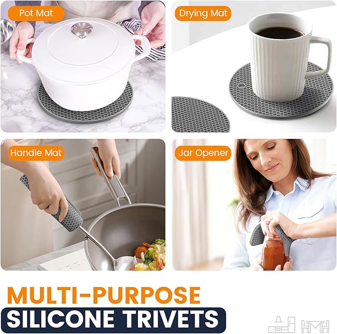 Silicone Trivet Mats 4 Heat Resistant Pot Holders Multipurpose Non-Slip Hot Pads for Kitchen Potholders, Drying mat, Jar Opener, Spoon Holder, Coaster.(Dark Grey)