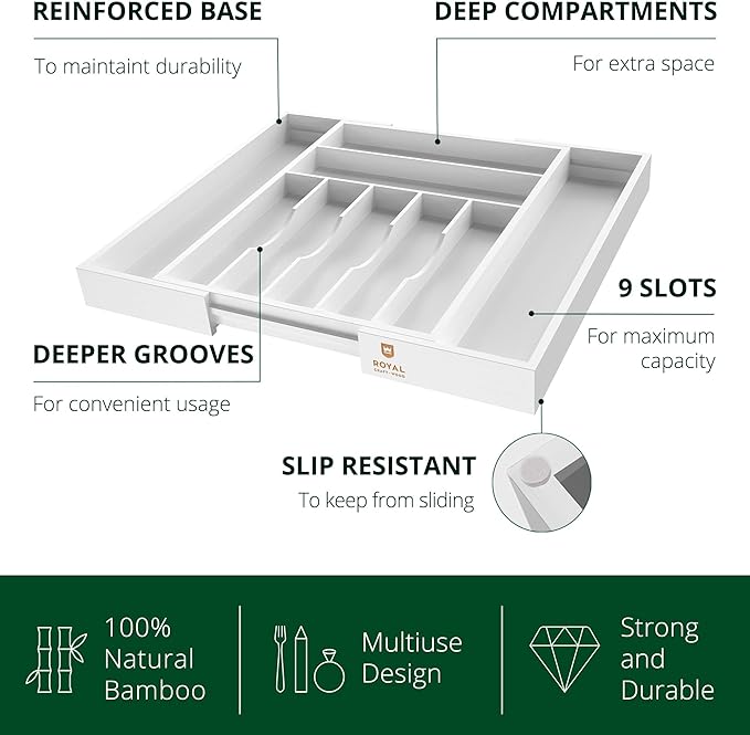 ROYAL CRAFT WOOD Luxury Bamboo Kitchen Drawer Organizer - Silverware Organizer - Utensil Holder and Cutlery Tray with Grooved Drawer Dividers for Flatware and Kitchen Utensils (9 Slot, White)