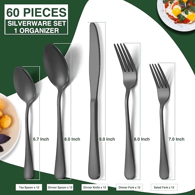 60-Piece Black Silverware Set with Organizer, AIVIKI Stainless Steel Flatware for 12, Cutlery Utensil Set for Home Restaurant, Tableware Includes Knife Fork Spoon Set, Mirror Polished