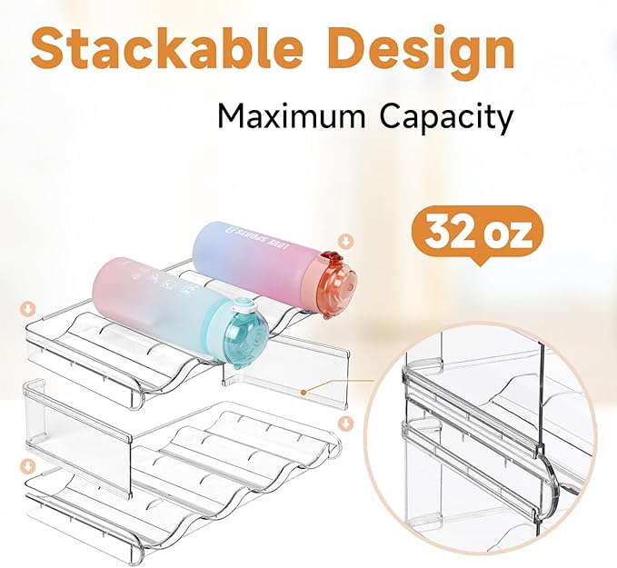Stackable Water Bottle Organizer, SPOSPO Large Compartment Water Bottle Holder, 2 Tier Clear Water Bottle Organizer for Cabinet, Water Bottle Rack for Kitchen Organization and Storage - Hold 8 Bottles