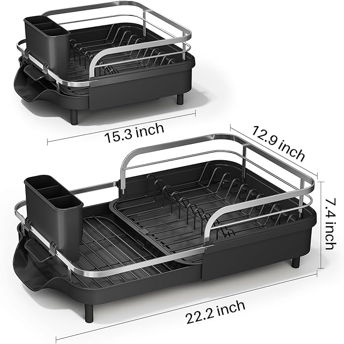 SAYZH Dish Drying Rack - Expandable Dish Rack for Kitchen Counter, Rust-Resistant Dish Drainer with Utensil Holder and Raised Guardrail, Kitchen Organizer for Cup and Bottle (Black)