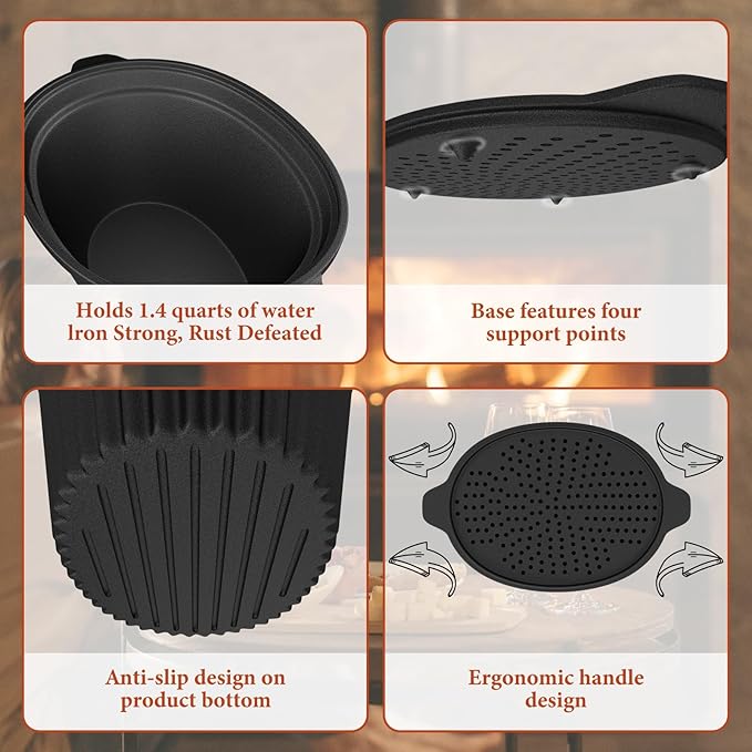 Wood Stove Steamer, Cast Iron Humidifier for Wood Stove, Cast Iron Steamer Pot, Trivet, Lattice Top, Pre-Seasoned, Fireplace Humidifier Cookware Set, All Seasons Cookware Set.