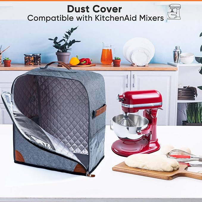 BAGSPRITE Stand Mixer Cover with Appliance Sliders Base Compatible with KitchenAid Mixer-Storage Bag for 4.5/5 Quart with Pockets for Kitchen Aid Accessories and Attachments