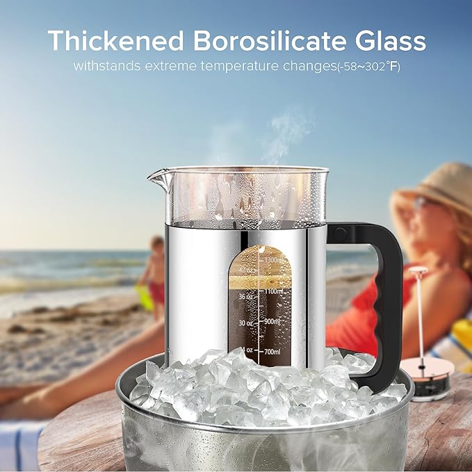 QUQIYSO French Press Coffee Maker 51oz 304 Stainless Steel French Press with 4 Filter, Borosilicate Glass Coffee Press