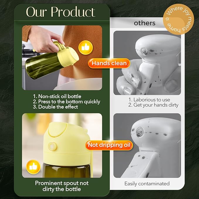 YARRAMATE 16oz/470ml Light-Blocking Dark Oil Sprayer for Cooking, 2 in 1 Olive Oil Dispenser Bottle for Kitchen, Premium Dark Green Glass Oil Bottle, Food-Grade Oil Mister for Air Fryer, BBQ (Pomelo)