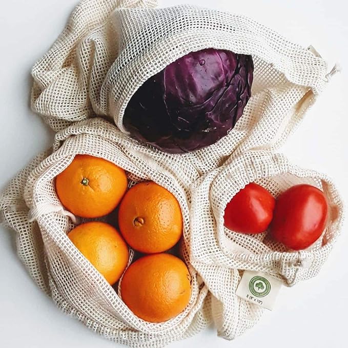 Reusable Mesh Produce Bags made from 100% Organic Cotton - 12"x10", Perfect Reusable Net Vegetable Bags - Washable Fruit, Vegetable & Produce Sacks (3 Medium)