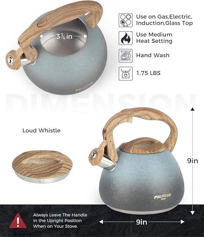 POLIVIAR Tea Kettle, 2.7 Quart Stovetop Tea Kettle, Audible Whistling Teapot with Crackle Finish, Food Grade Stainless Steel for Anti-Rust, Anti Hot Handle, Suitable for All Heat Sources (JX2023-LYL)