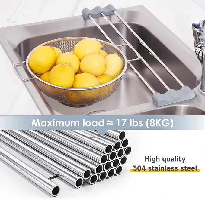 Tomorotec Adjustable Over-The-Sink Kitchen Rack for Dishcloths, Sponges, Bottles and Brushes - Heat-Resistant Stainless Steel with Slim, Expandable Design and Multifunctional Silicone Holder