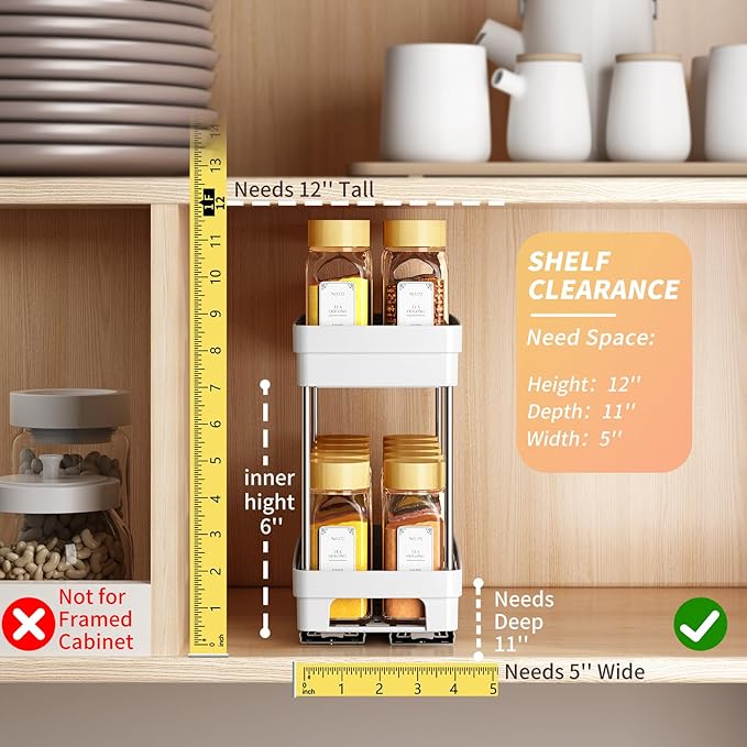 Pull Out Spice Rack Organizer for Cabinet, 2 Pack Slide Out Spice Racks Organizer, Spice Cabinet Organizers, Cabinet Size Need:12'' Highx11'' Deepx5'' Wide,Hold 10 Spice Jar Each Tier-2Tier, White
