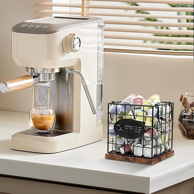 Coffee Pod Holder Organizer,Large Capacity K Cup Holder Organizer, Storage Basket for Kitchen Countertop Office Coffee Bar with Wooden Base(Rustic Brown-Square)