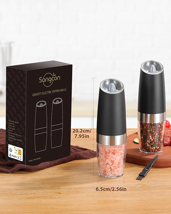 Sangcon Gravity Electric Salt and Pepper Grinder Set Automatic Shakers Mill Grinder with LED Light, BATTERY POWERED Adjustable Coarseness One Hand Operation, Upgraded Larger Capacity