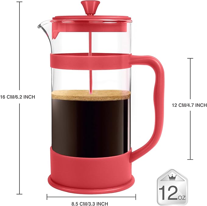 Utopia Kitchen 12 Ounce 0.35 Liter French Press Coffee Maker, Tea Maker, Travel Coffee Presses, Heat Resistant Thickened Borosilicate Coffee Pot for Camping Travel Gifts, Red Pack of 1