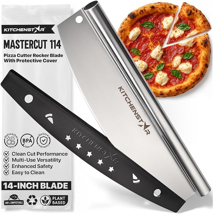 KitchenStar 14-Inch Pizza Cutter Rocker Blade - Sharp Stainless Steel Slicer Knife, Protective Cover, Dishwasher Safe, Large - Professional Pizza Oven Accessories