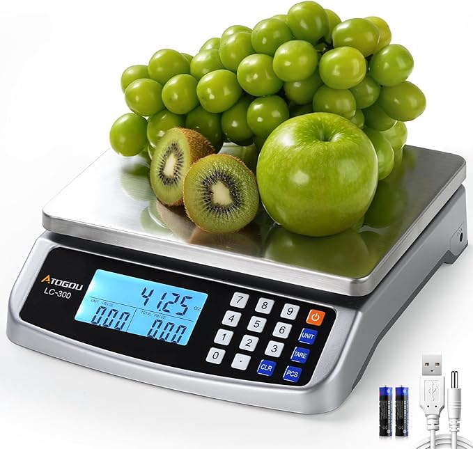 Atogou 66lb Food Scale, Commercial Kitchen Scale with Price Computing, Plug-in Usable, 0.05oz/1g, 304 Stainless Steel, for Cooking, Vegetables, Farm, Industry, Counting. LC300 Silver