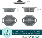 Rachael Ray Solid Glazed Ceramics Casserole Bakeware/Baker Set with Shared Lid, 3 Piece, Dark Gray