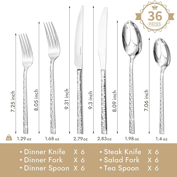 KINGSTONE 36 Piece Silverware Set with Steak Knives, Hammered Silverware Set for 6, 18/10 Stainless Steel Flatware, Cutlery Set for Home, Party, Wedding, Mirror Polished Dishwasher Safe