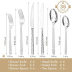 KINGSTONE 36 Piece Silverware Set with Steak Knives, Hammered Silverware Set for 6, 18/10 Stainless Steel Flatware, Cutlery Set for Home, Party, Wedding, Mirror Polished Dishwasher Safe