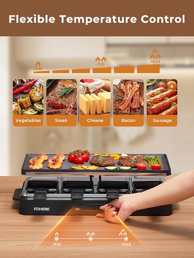 FOHERE Raclette Grill, 2 in 1 Raclette Table Grill Indoor, 1500W Korean BBQ Grill Electric Griddle with Reversible Non-stick plate, Adjustable Temp Control and 8 Paddles for Parties and Family Fun