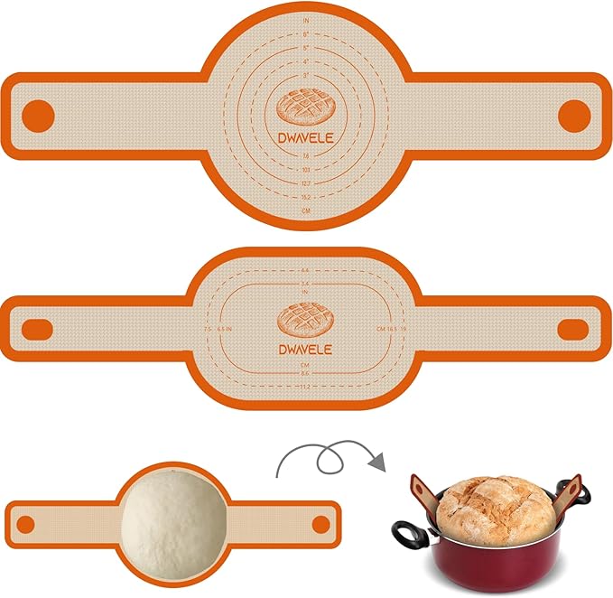 Silicone Bread Sling for Dutch Oven, Non-Stick & Easy to Clean Bread Baking Mat Set, 2 Pcs Reusable Bread Sling with Long Handle to Transfer Sourdough (Orange, Oval and Round)