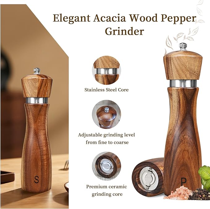 2 Pack Acacia Wood Salt and Pepper Grinder Set, Wooden Salt and Pepper Mill Set Salt and Pepper Shaker Tableware Birthday Gifts Ceramic Core-8 Inch