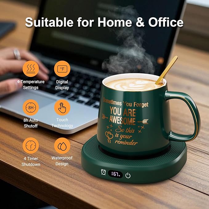 Coffee Mug Warmer & You are Awesome Mug Set, Electric Cup Warmer with Auto Shut Off, 4 Temperature Setting Smart Beverage Warmer, 8-Hours Auto Shut Off