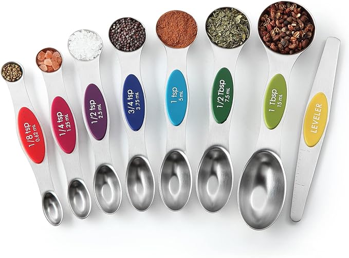 Spring Chef Stainless Steel Magnetic Measuring Spoons Set with Strong Magnets, Heavy Duty Metal Kitchen Essentials - Fits in Most Kitchen Spice Jars, Multicolor, Set of 8 with Leveler