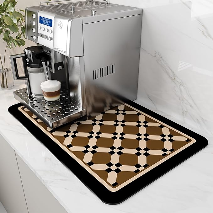 AMOAMI Coffee Mat Hide Stain Rubber Backed Absorbent Dish Drying Mat for Kitchen Counter - Fits Under Coffee Maker or Machine - PEANUT 12X19