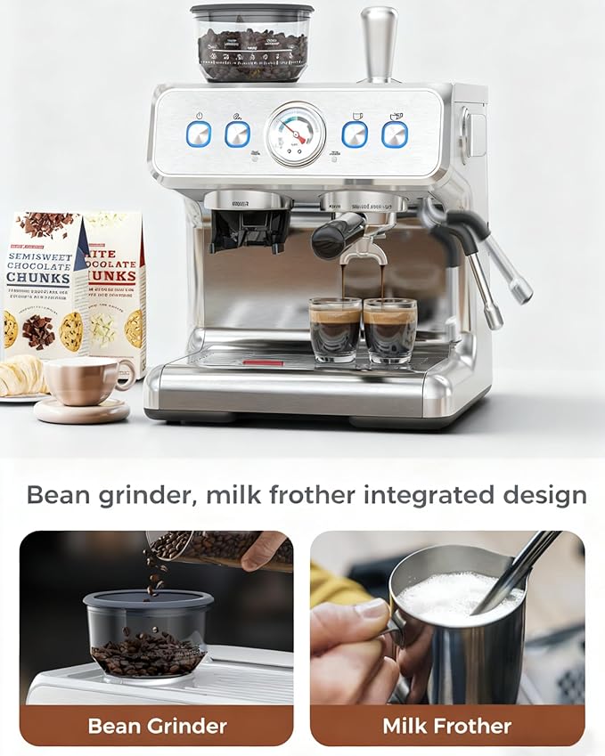 COWSAR 20 Bar Espresso Machine with Grinder & Milk Frother Steam Wand, 58mm Expresso Coffee machines, Commercial Stainless Steel Coffee Maker for Cappuccino and Latte, Perfect for Home Café-Pro