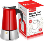 Moka Pot, 6 Cups (10.6 oz) Stovetop Espresso Maker, 304 Stainless Steel Moka Pot, Induction Compatible, Red