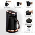 Any Morning Turkish & Greek Coffee Maker-Machine, 1 to 4 Cups Capacity, 100% BPA Free, 400W Electric Coffee Pot with Cook Sense Technology, Anti-Spill Design, Authentic Foamy Brew, Black
