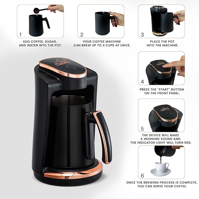 Any Morning Turkish & Greek Coffee Maker-Machine, 1 to 4 Cups Capacity, 100% BPA Free, 400W Electric Coffee Pot with Cook Sense Technology, Anti-Spill Design, Authentic Foamy Brew, Black