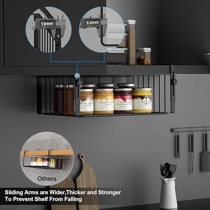 2Pack Under Shelf Basket Organizer,Adjustable Hanging Holder Storage for Cabinet Pantry Kitchen Cupboard Desk Counter Bookshelf Organization Add-on Space Saver Heavy Duty Slide-in,Black