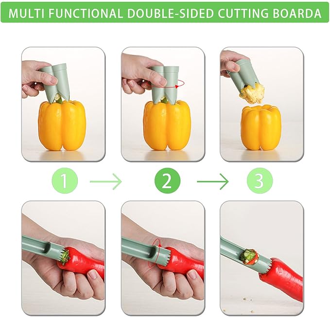 Pepper Corer, 2 in 1 Red Bell Pepper Seed Corer Remover Tool, Fruit & Vegetable Corers Quick Cave Tools for Jalapeno Cutter Deseeder, Bright Green