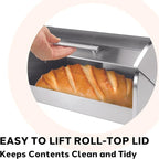 Oggi Stainless Steel Roll Top Bread Box for Kitchen Countertop with Tempered Glass Lid - Fits Multiple Large Loaves of Bread and Other Freshly Baked Goods Including Cookies, Bagels, Muffins