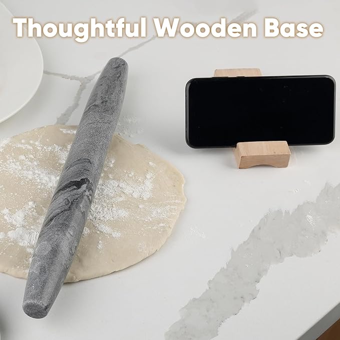 Koville African Natural Marble French Rolling Pin, 16inch Non-Stick Rolling Pin for Baking, Dough Roller for Pasta, Dumpling, Fondant, Pie, Bread, Pizza, Kitchen Baking Tools(Monte Grigio)