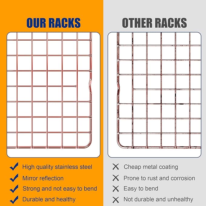 2-Pack Cooling Racks for Cooking and Baking - 10" x 15"Heavy Duty Stainless Steel Wire Rack for Baking, Grilling, Roasting - Oven & Dishwasher Safe - Fits Jelly Roll Sheet Pan（Rose Gold）