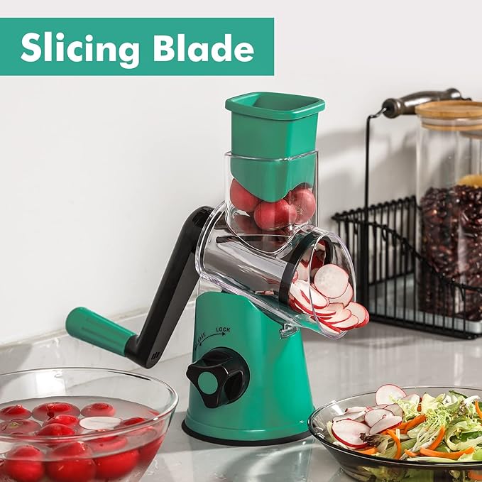 Cheese Grater Rotary, Rotary Grater for Kitchen, Kitchen Grater Vegetable Slicer with 3 Drum Blades, Fast Cutting Cheese Shredder for Vegetables and Nuts